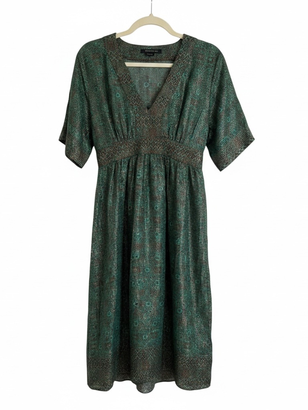 BCBGMAXAZRIA Y2K Metallic Green Empire Waist Midi Dress Size 6
